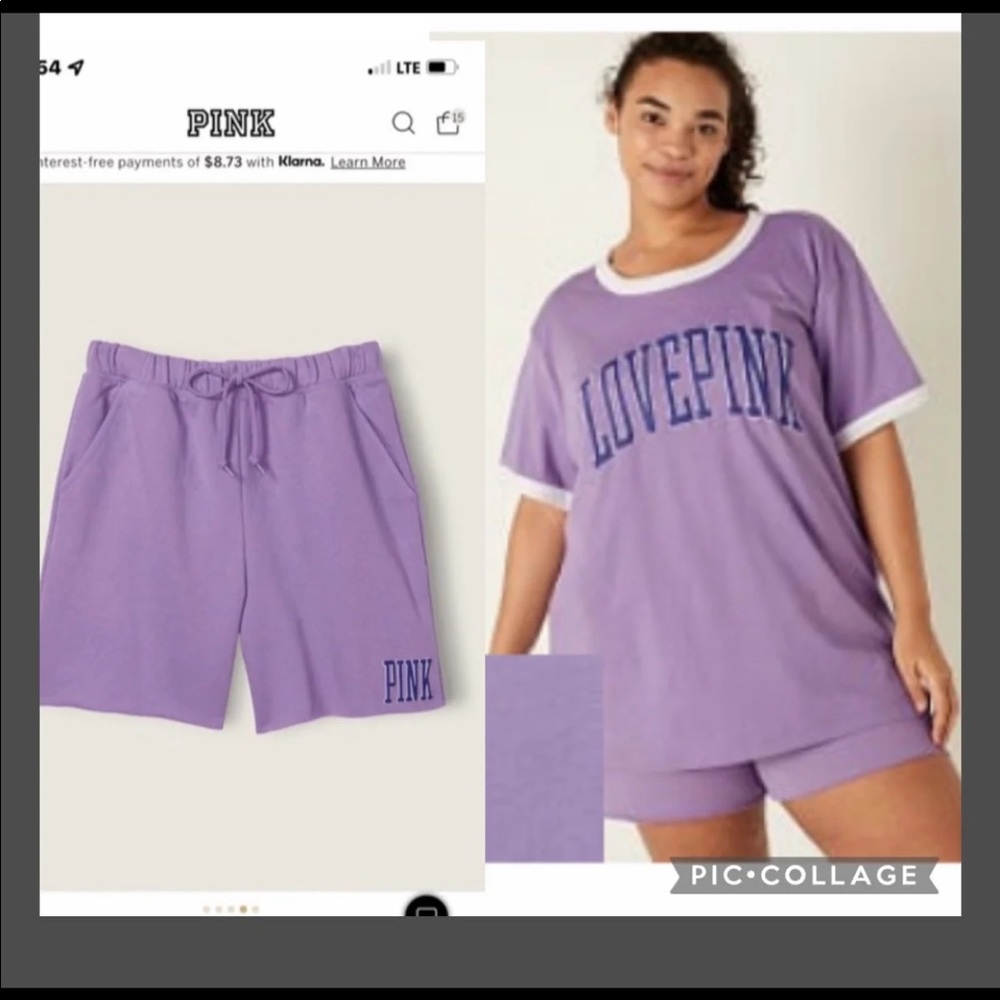 Vs pink dad shorts Sm ringer short sleeve tee Med chalk violet collegiate logo